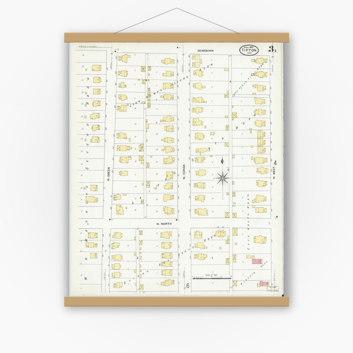 Old map wall art mockup — magnetic wood frame on white wall — Sanborn Fire Insurance Map from Tipton, Tipton County, Indiana (1909), Sheet #0003