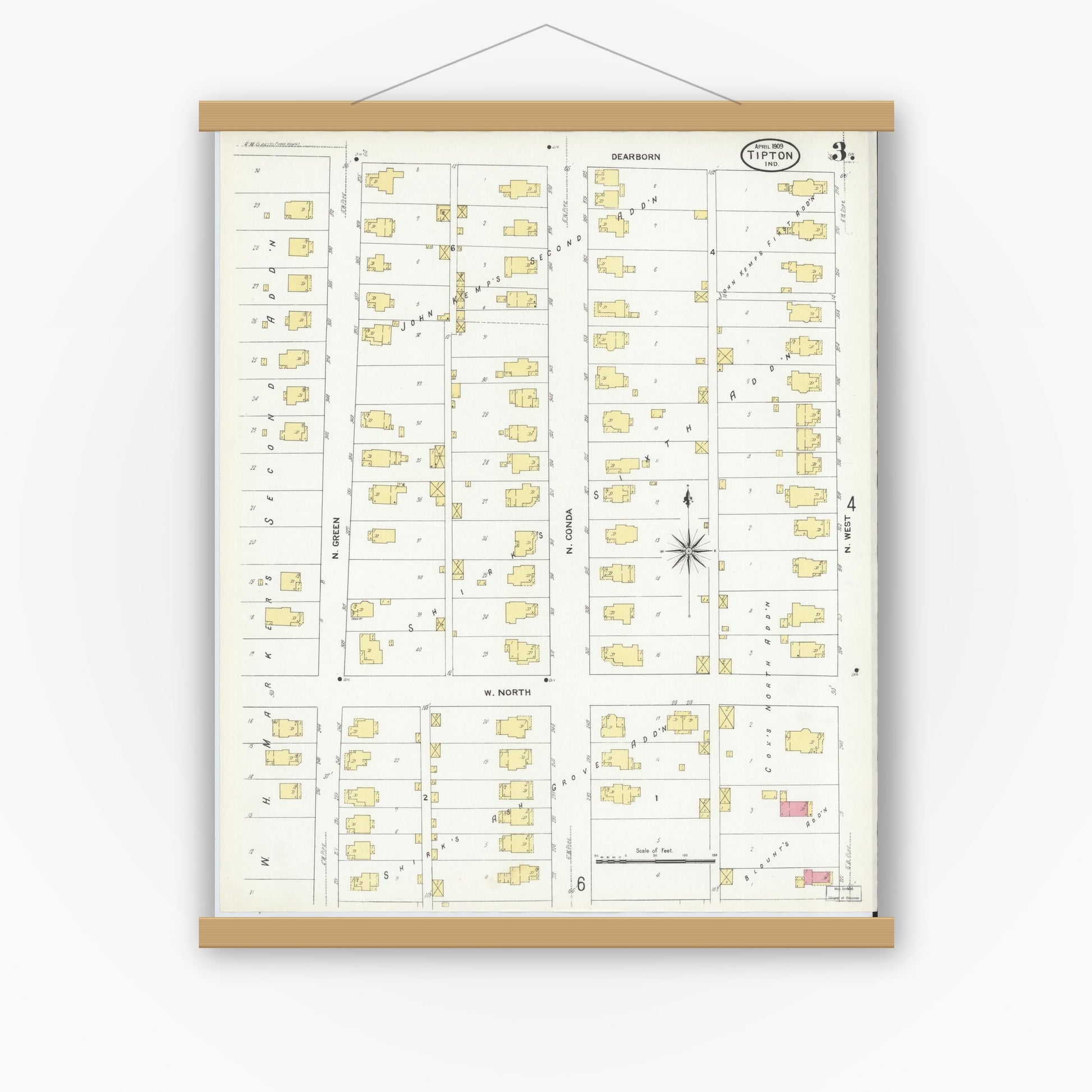 Old map wall art mockup — magnetic wood frame on white wall — Sanborn Fire Insurance Map from Tipton, Tipton County, Indiana (1909), Sheet #0003