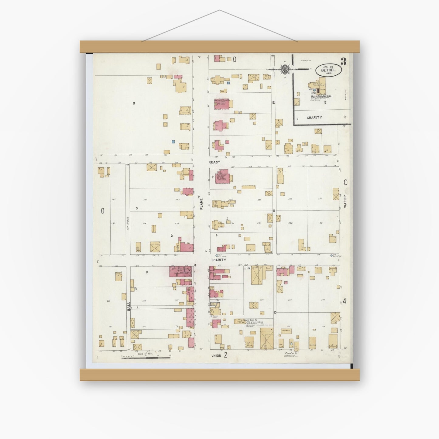 Old map wall art mockup — magnetic wood frame on white wall — Sanborn Fire Insurance Map from Bethel, Clermont County, Ohio (1912), Sheet #0003