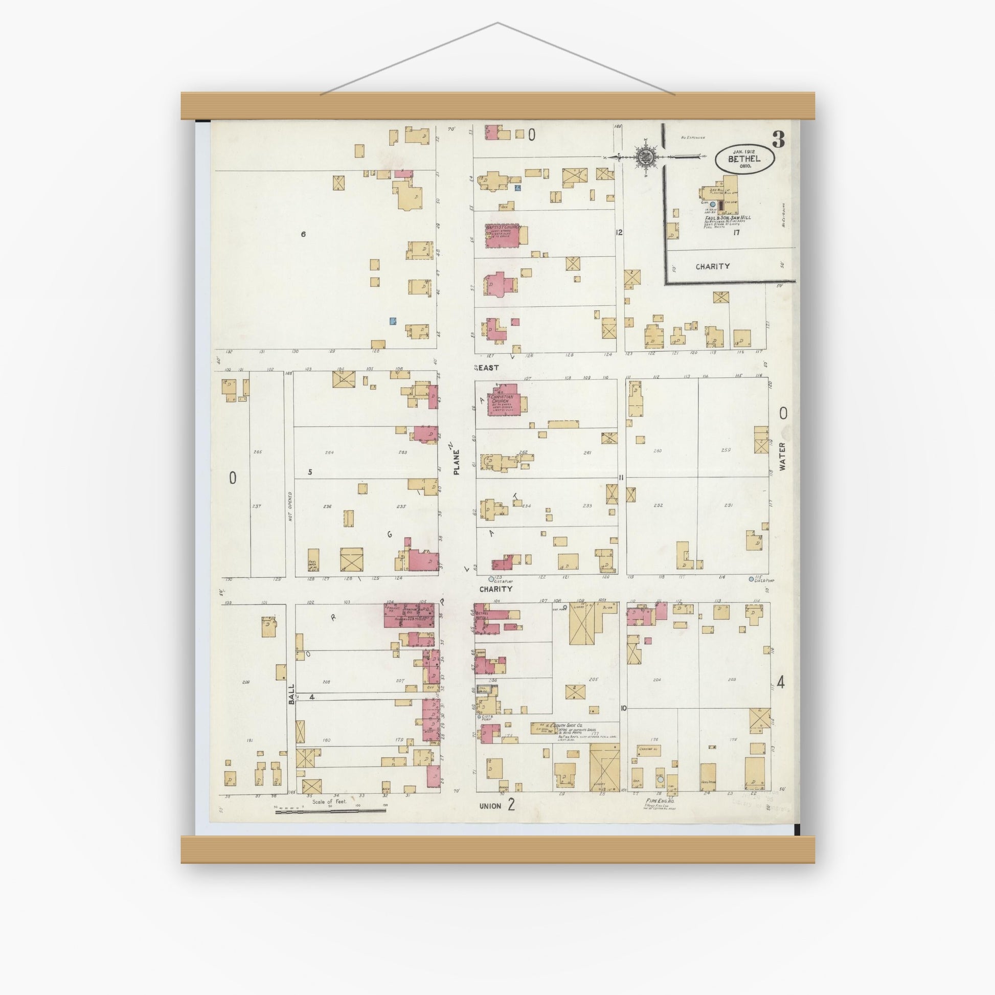 Old map wall art mockup — magnetic wood frame on white wall — Sanborn Fire Insurance Map from Bethel, Clermont County, Ohio (1912), Sheet #0003