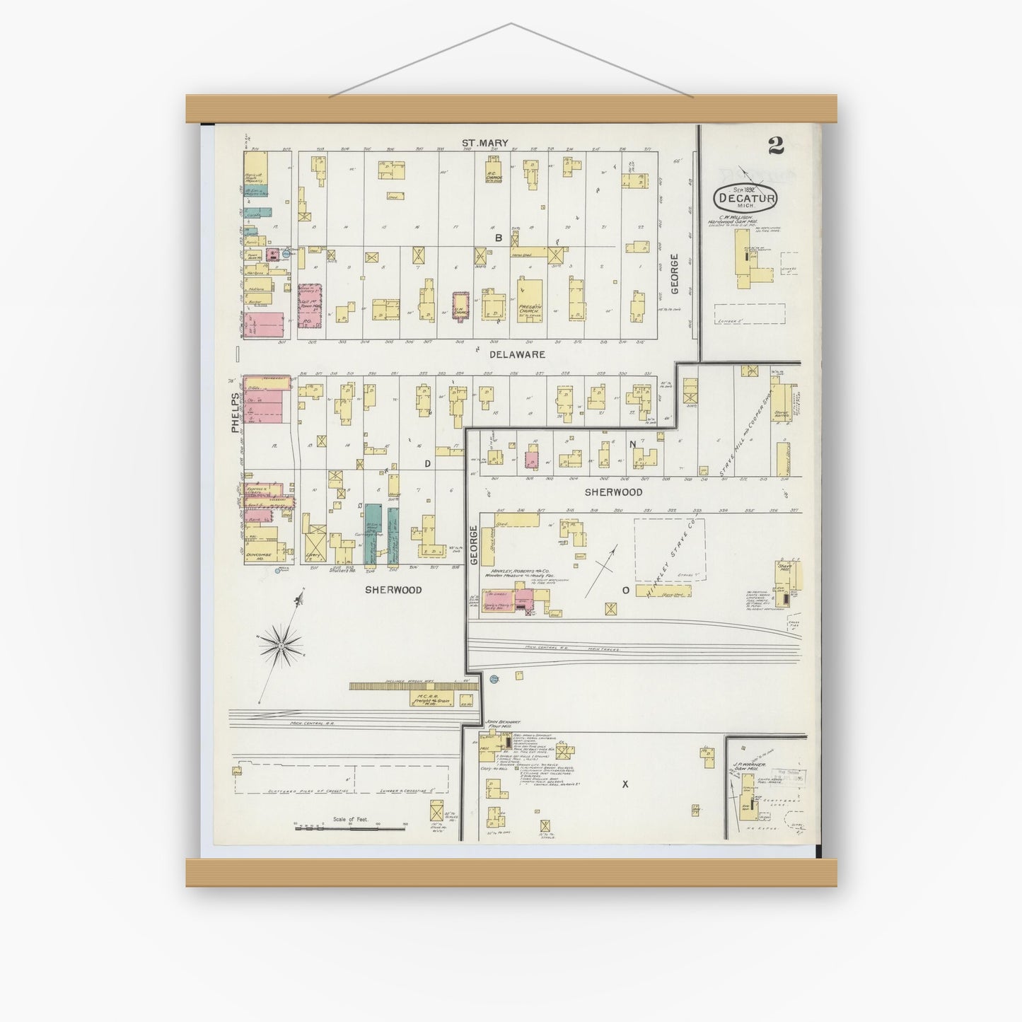 Old map wall art mockup — magnetic wood frame on white wall — Sanborn Fire Insurance Map from Decatur, Van Buren County, Michigan (1892), Sheet #0002