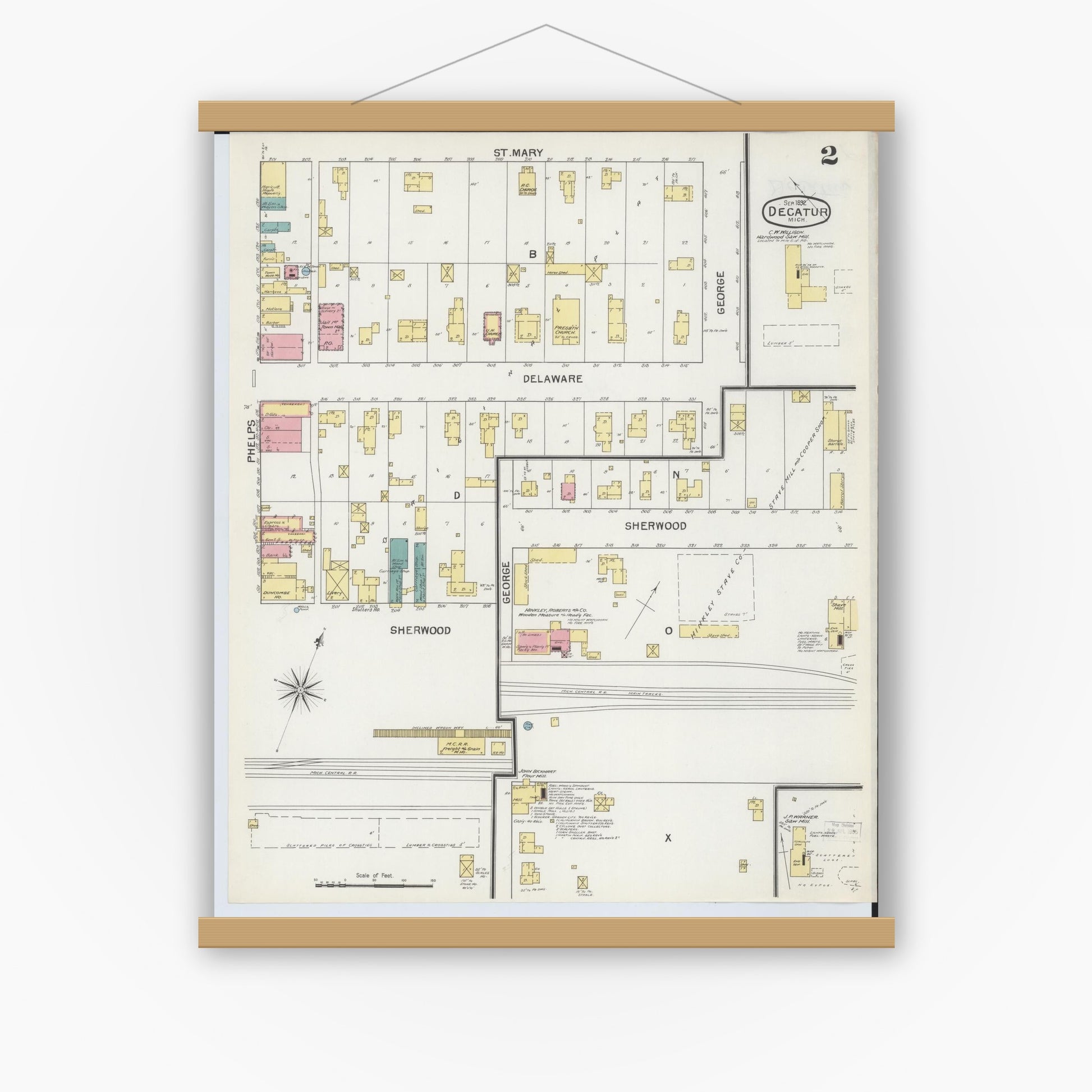 Old map wall art mockup — magnetic wood frame on white wall — Sanborn Fire Insurance Map from Decatur, Van Buren County, Michigan (1892), Sheet #0002