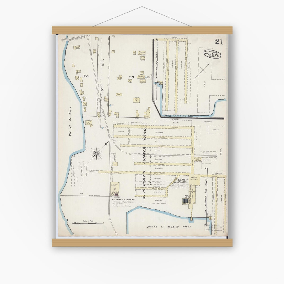 Old map wall art mockup — magnetic wood frame on white wall — Sanborn Fire Insurance Map from Duluth, Saint Louis County, Minnesota (1885), Sheet #0021