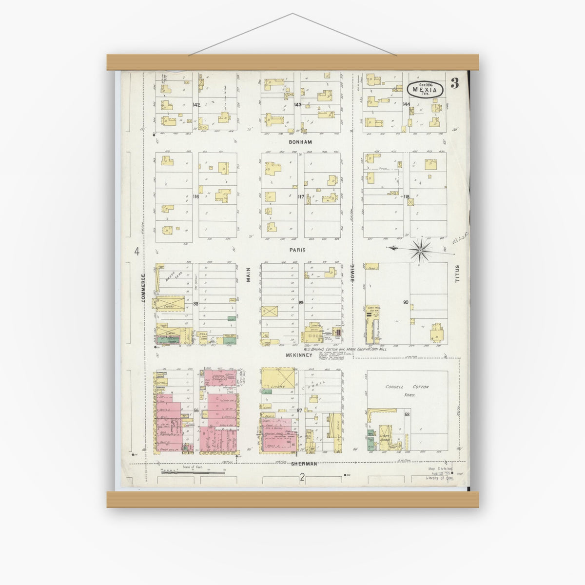 Old map wall art mockup — magnetic wood frame on white wall — Sanborn Fire Insurance Map from Mexia, Limestone County, Texas (1896), Sheet #0003