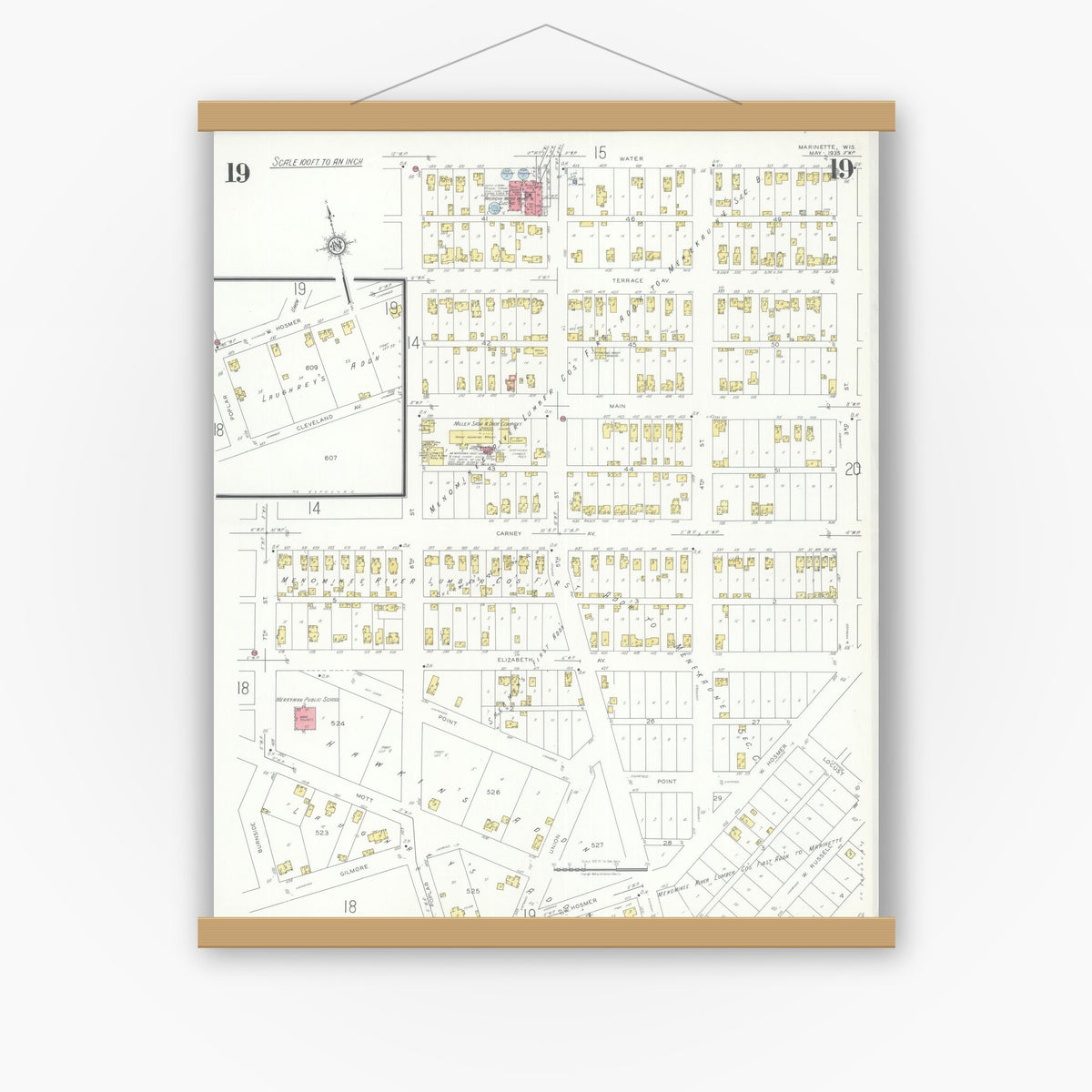 Old map wall art mockup — magnetic wood frame on white wall — Sanborn Fire Insurance Map from Marinette, Marinette County, Wisconsin (1935), Sheet #0019