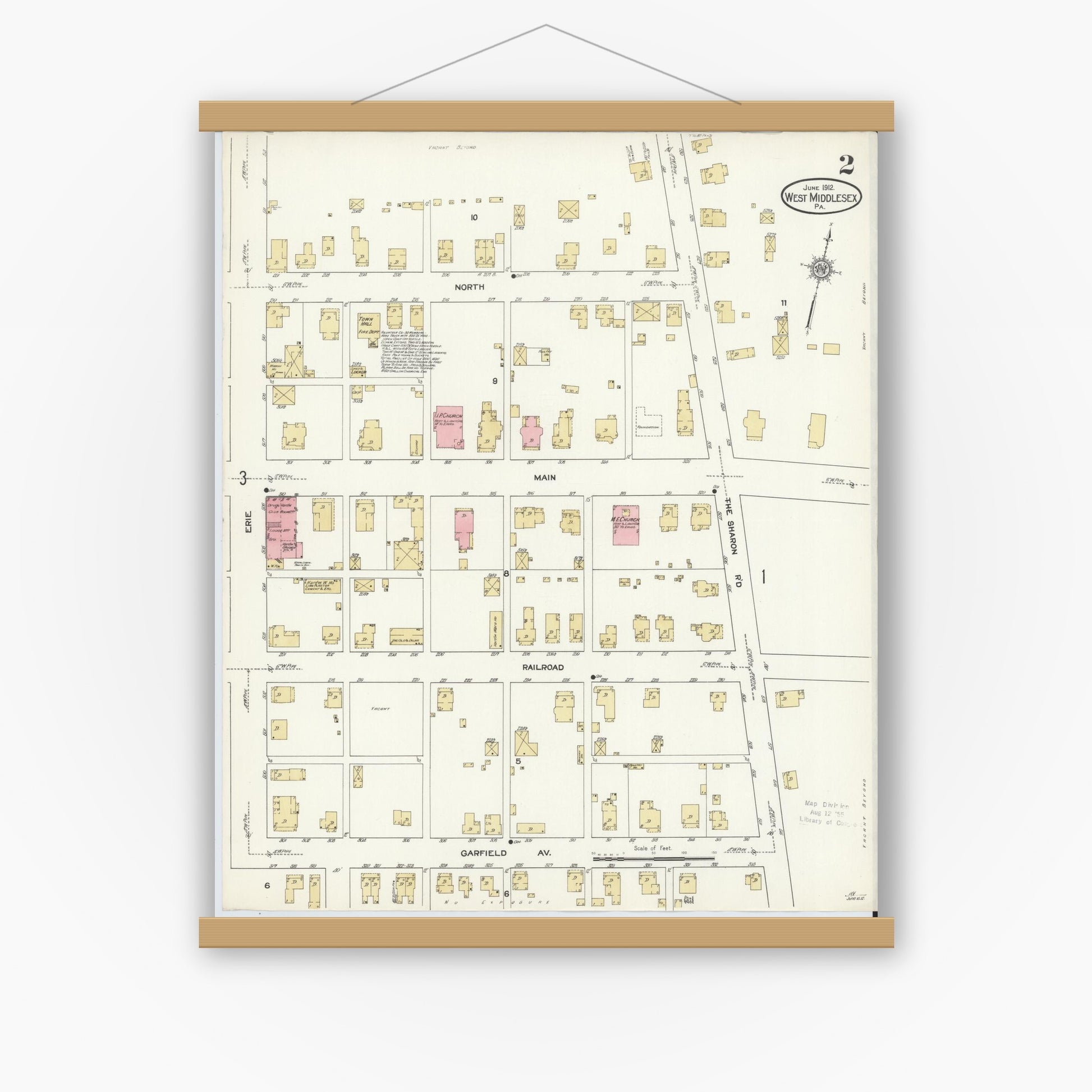 Old map wall art mockup — magnetic wood frame on white wall — Sanborn Fire Insurance Map from West Middlesex, Mercer County, Pennsylvania (1912), Sheet #0002