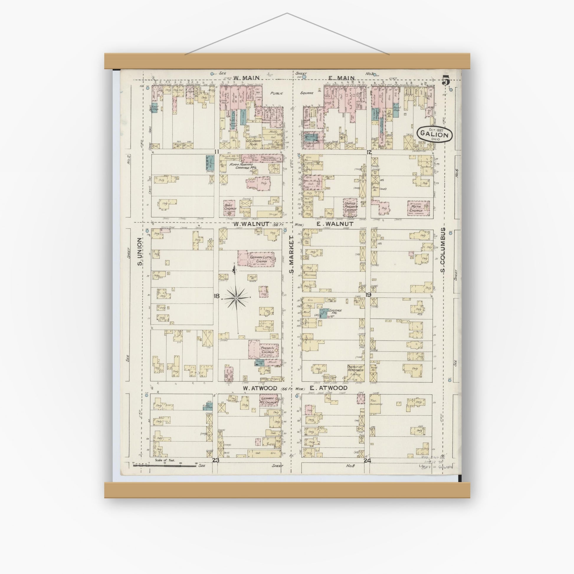 Old map wall art mockup — magnetic wood frame on white wall — Sanborn Fire Insurance Map from Galion, Crawford County, Ohio (1887), Sheet #0005