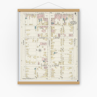 Old map wall art mockup — magnetic wood frame on white wall — Sanborn Fire Insurance Map from Galion, Crawford County, Ohio (1887), Sheet #0005