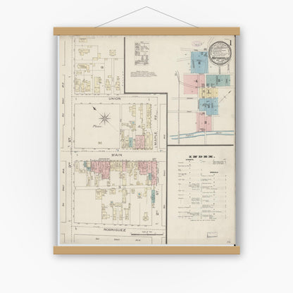 Old map wall art mockup — magnetic wood frame on white wall — Sanborn Fire Insurance Map from Watsonville, Santa Cruz County, California (1886) - Complete Map Set