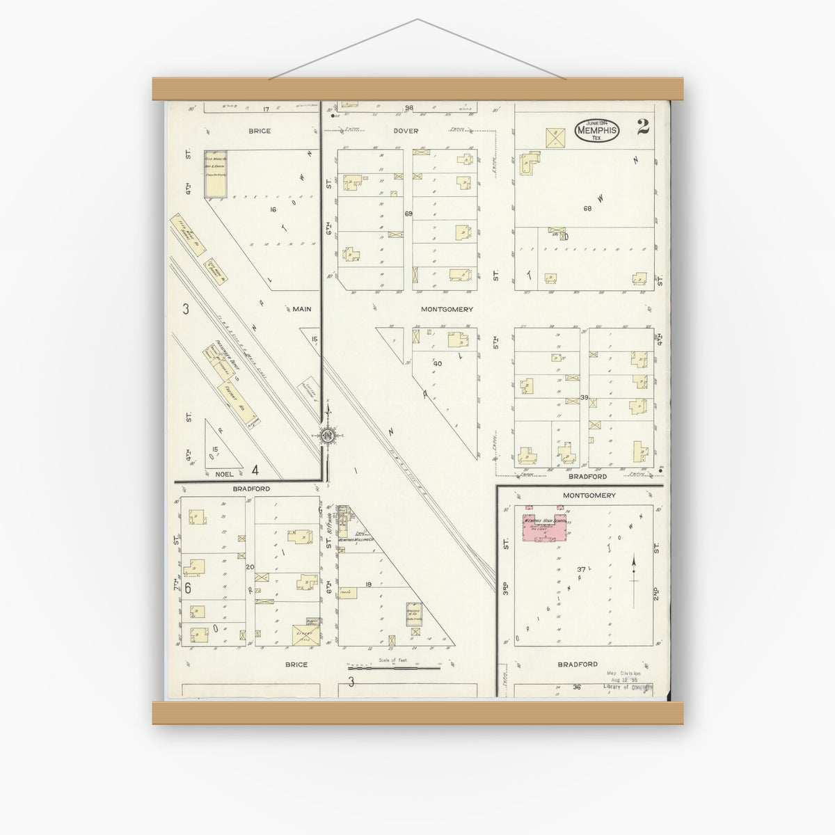 Old map wall art mockup — magnetic wood frame on white wall — Sanborn Fire Insurance Map from Memphis, Hall County, Texas (1914), Sheet #0002