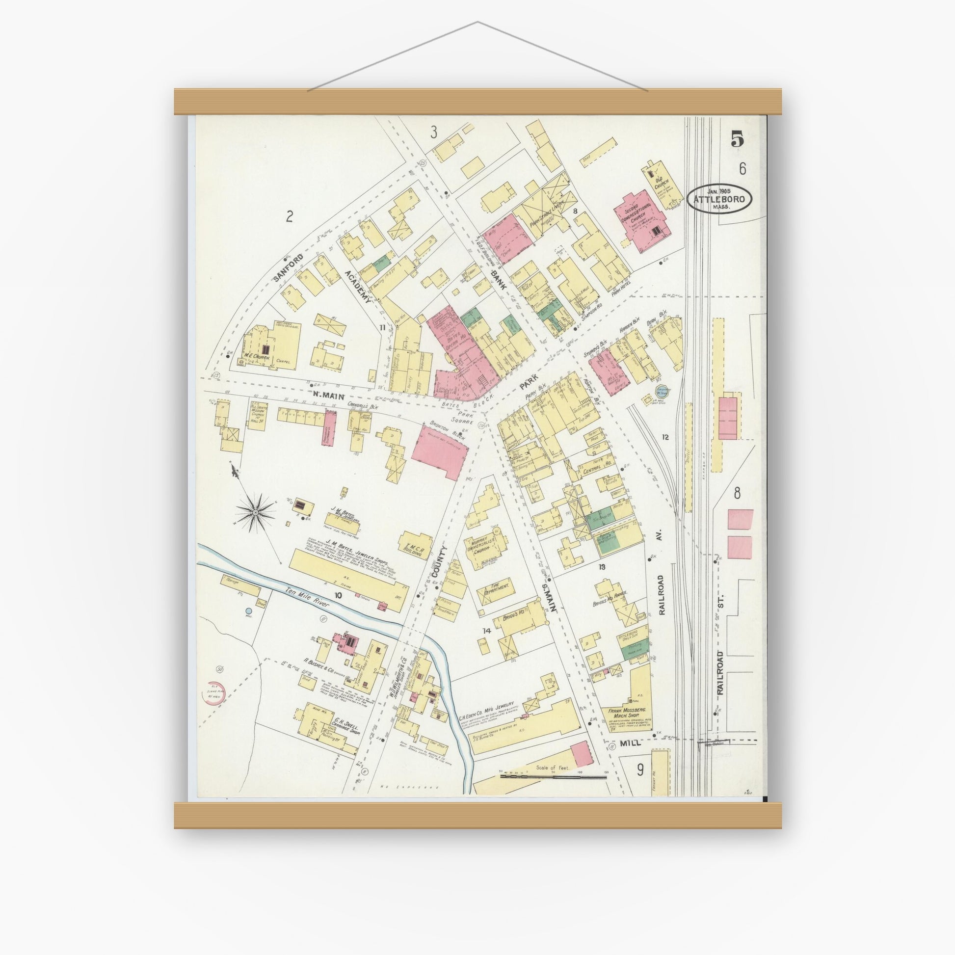 Old map wall art mockup — magnetic wood frame on white wall — Sanborn Fire Insurance Map from Attleboro, Bristol County, Massachusetts (1905), Sheet #0005