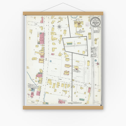 Old map wall art mockup — magnetic wood frame on white wall — Sanborn Fire Insurance Map from Madison, Lake County, Ohio (1902), Sheet #0001