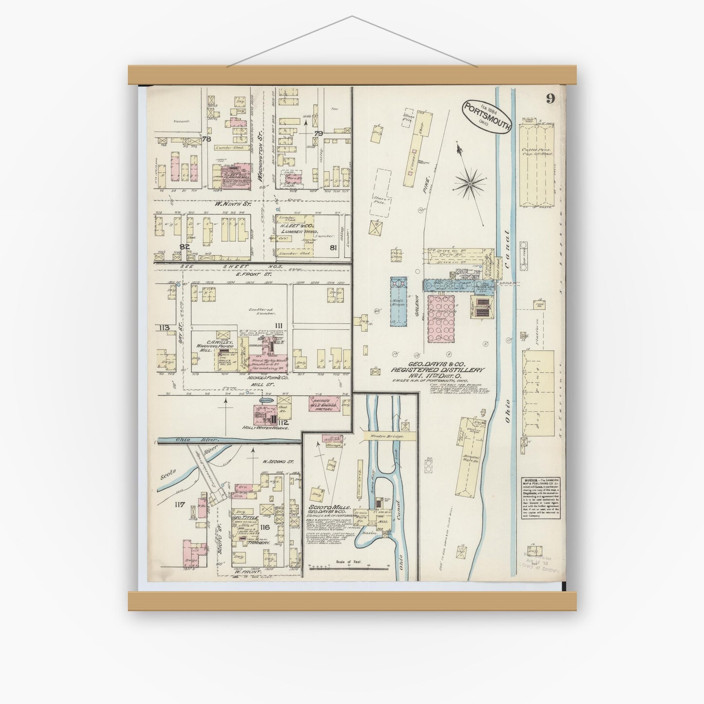 Old map wall art mockup — magnetic wood frame on white wall — Sanborn Fire Insurance Map from Portsmouth, Scioto County, Ohio (1884), Sheet #0009