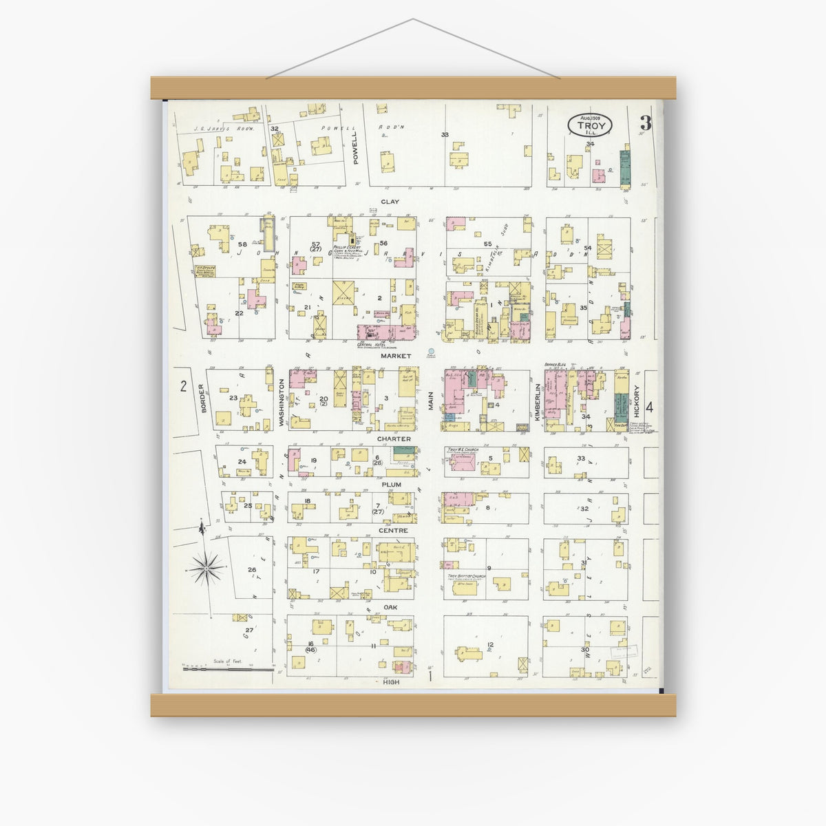 Old map wall art mockup — magnetic wood frame on white wall — Sanborn Fire Insurance Map from Troy, Madison County, Illinois (1909), Sheet #0003