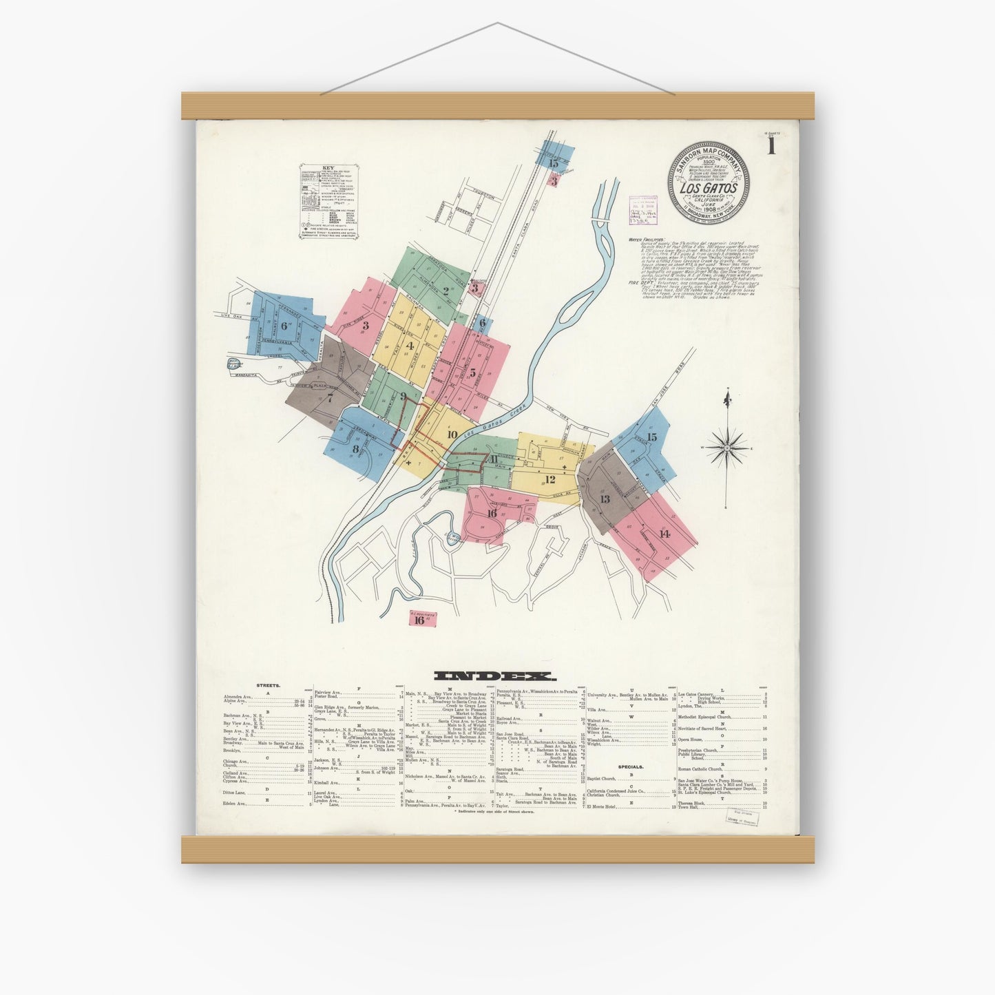 Old map wall art mockup — magnetic wood frame on white wall — Sanborn Fire Insurance Map from Los Gatos, Santa Clara County, California (1908), Sheet #0001