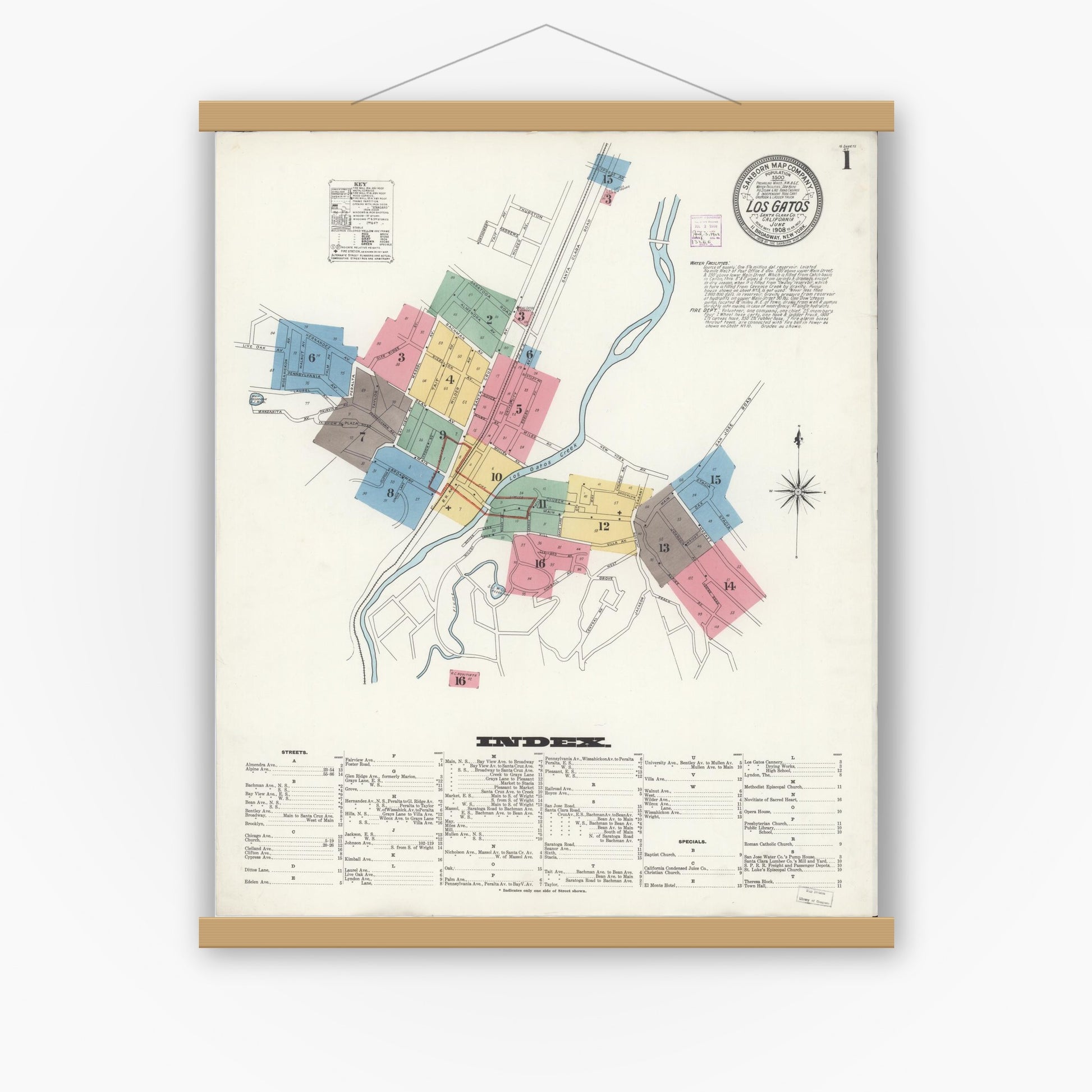 Old map wall art mockup — magnetic wood frame on white wall — Sanborn Fire Insurance Map from Los Gatos, Santa Clara County, California (1908), Sheet #0001