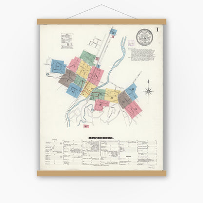 Old map wall art mockup — magnetic wood frame on white wall — Sanborn Fire Insurance Map from Los Gatos, Santa Clara County, California (1908), Sheet #0001