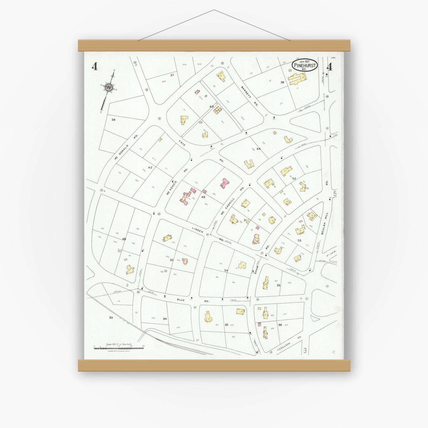 Old map wall art mockup — magnetic wood frame on white wall — Sanborn Fire Insurance Map from Pinehurst, Moore County, North Carolina (1927), Sheet #0004