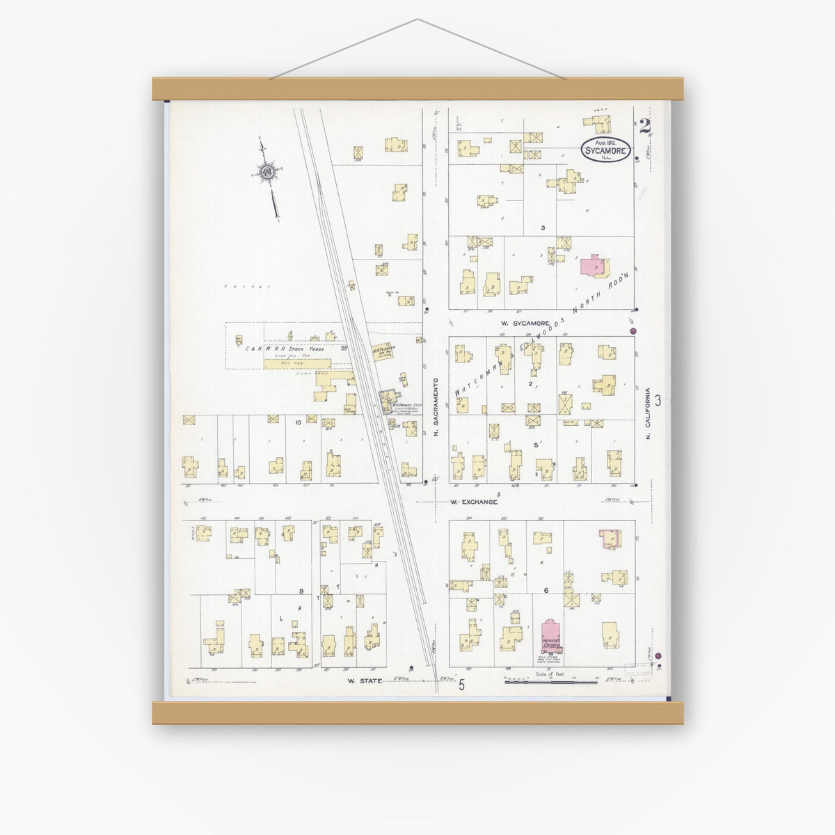 Old map wall art mockup — magnetic wood frame on white wall — Sanborn Fire Insurance Map from Sycamore, De Kalb County, Illinois (1912), Sheet #0002