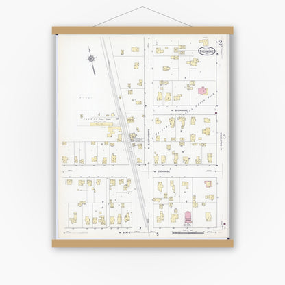 Old map wall art mockup — magnetic wood frame on white wall — Sanborn Fire Insurance Map from Sycamore, De Kalb County, Illinois (1912), Sheet #0002