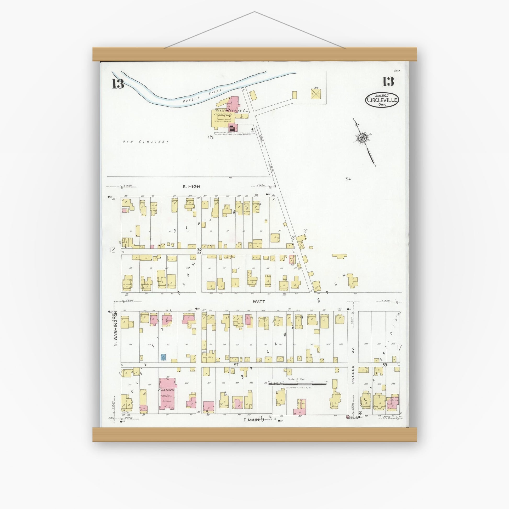 Old map wall art mockup — magnetic wood frame on white wall — Sanborn Fire Insurance Map from Circleville, Pickaway County, Ohio (1927), Sheet #0013