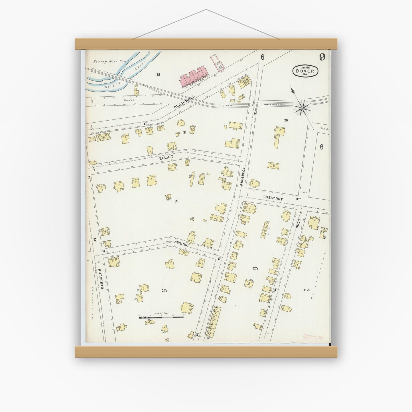 Old map wall art mockup — magnetic wood frame on white wall — Sanborn Fire Insurance Map from Dover, Morris County, New Jersey (1896), Sheet #0009