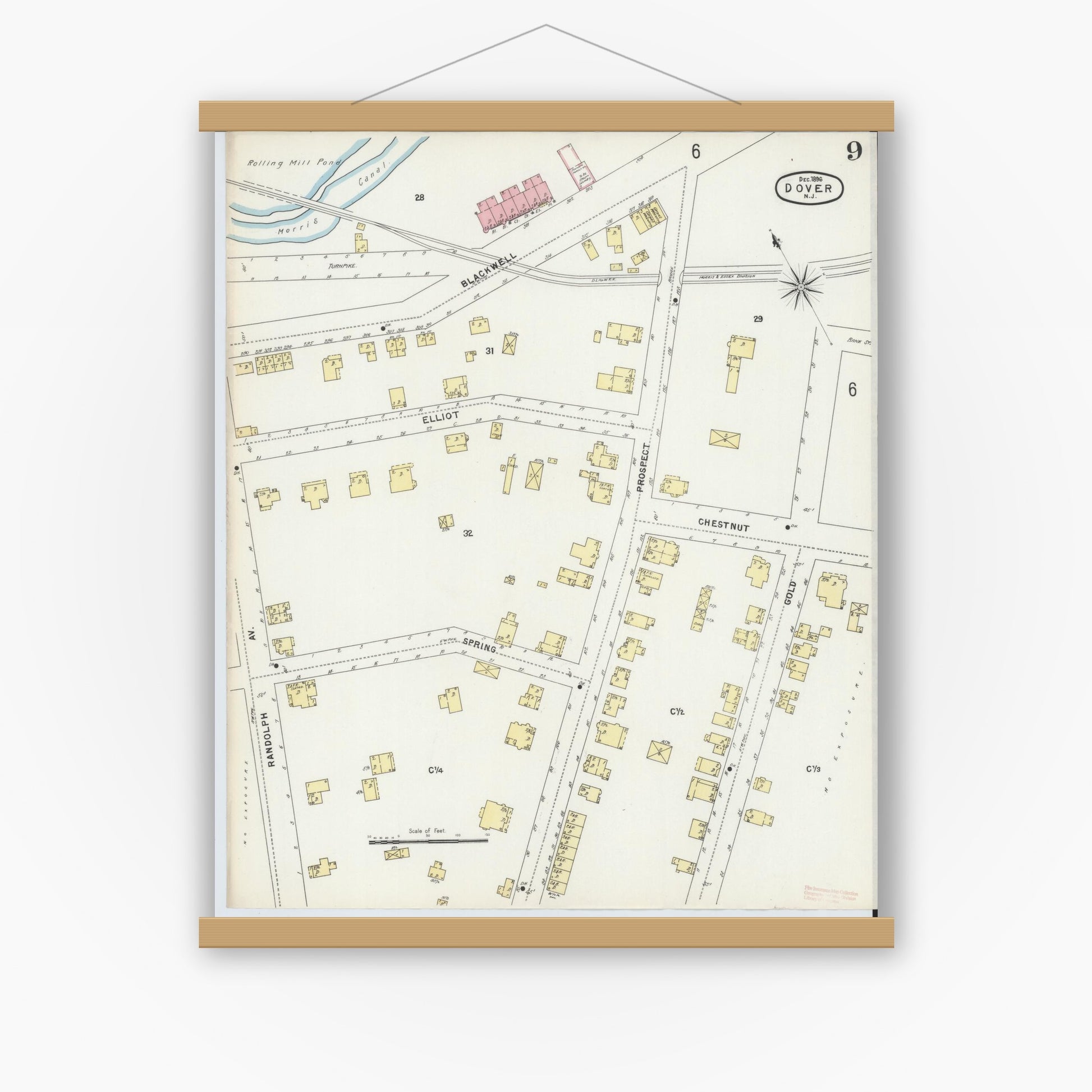 Old map wall art mockup — magnetic wood frame on white wall — Sanborn Fire Insurance Map from Dover, Morris County, New Jersey (1896), Sheet #0009