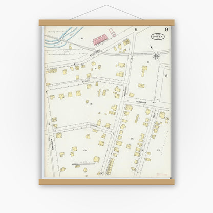 Old map wall art mockup — magnetic wood frame on white wall — Sanborn Fire Insurance Map from Dover, Morris County, New Jersey (1896), Sheet #0009