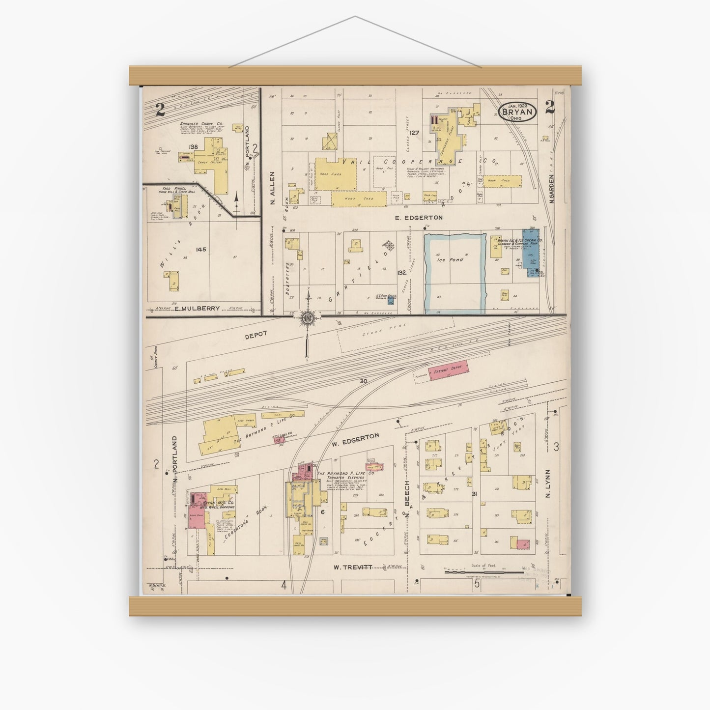 Old map wall art mockup — magnetic wood frame on white wall — Sanborn Fire Insurance Map from Bryan, Williams County, Ohio (1923), Sheet #0002