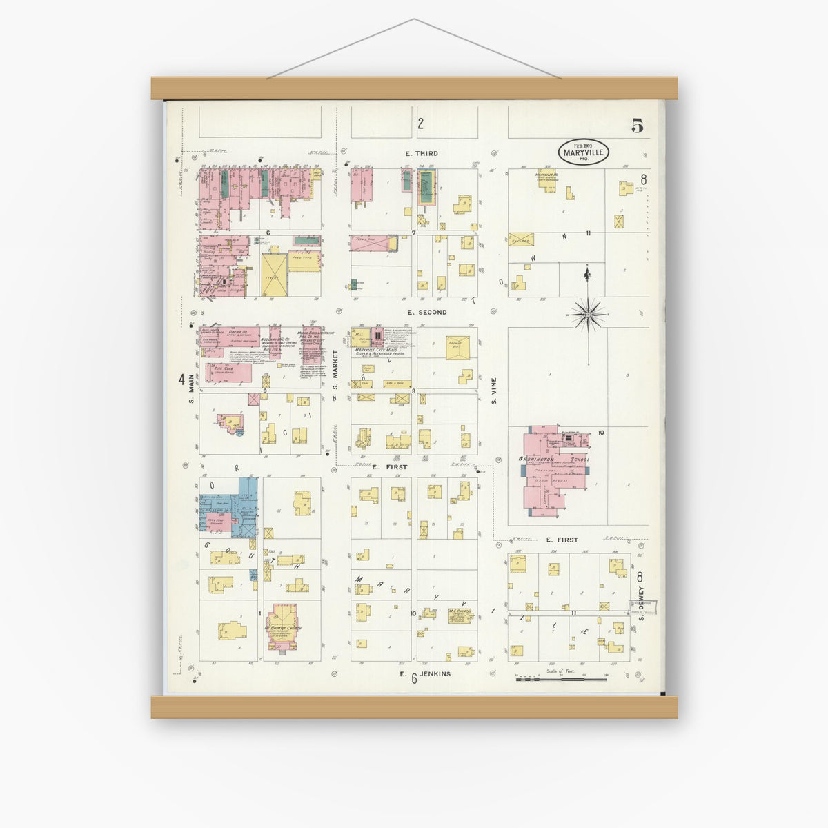 Old map wall art mockup — magnetic wood frame on white wall — Sanborn Fire Insurance Map from Maryville, Nodaway County, Missouri (1909), Sheet #0005