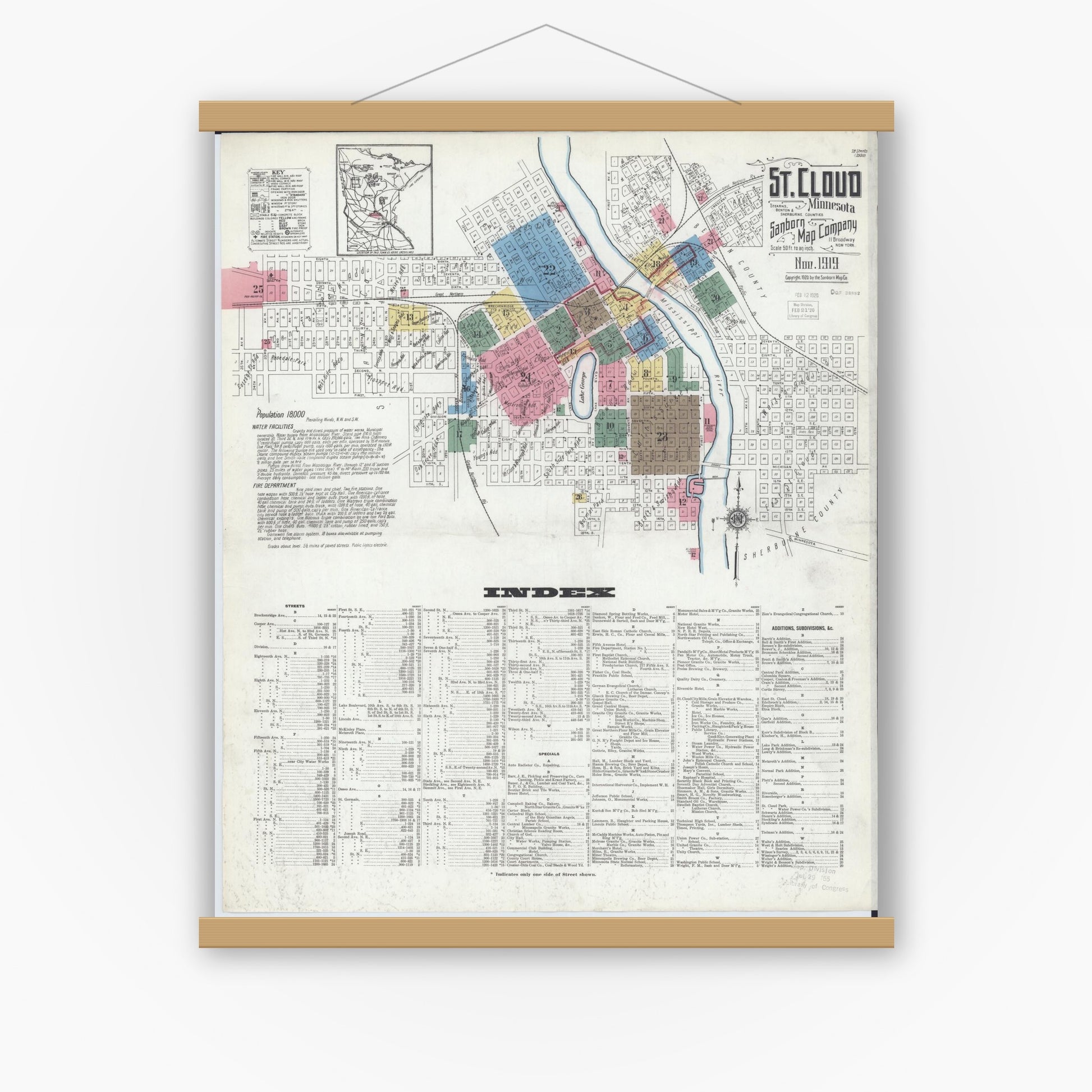 Old map wall art mockup — magnetic wood frame on white wall — Sanborn Fire Insurance Map from Saint Cloud, Stearns, Benton, and Sherburne Counties, Minnesota (1919) - Complete Map Set