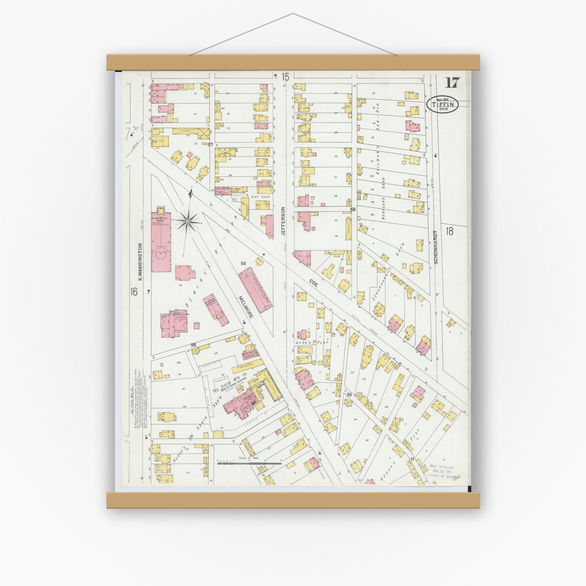 Old map wall art mockup — magnetic wood frame on white wall — Sanborn Fire Insurance Map from Tiffin, Seneca County, Ohio (1901), Sheet #0017