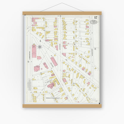 Old map wall art mockup — magnetic wood frame on white wall — Sanborn Fire Insurance Map from Tiffin, Seneca County, Ohio (1901), Sheet #0017