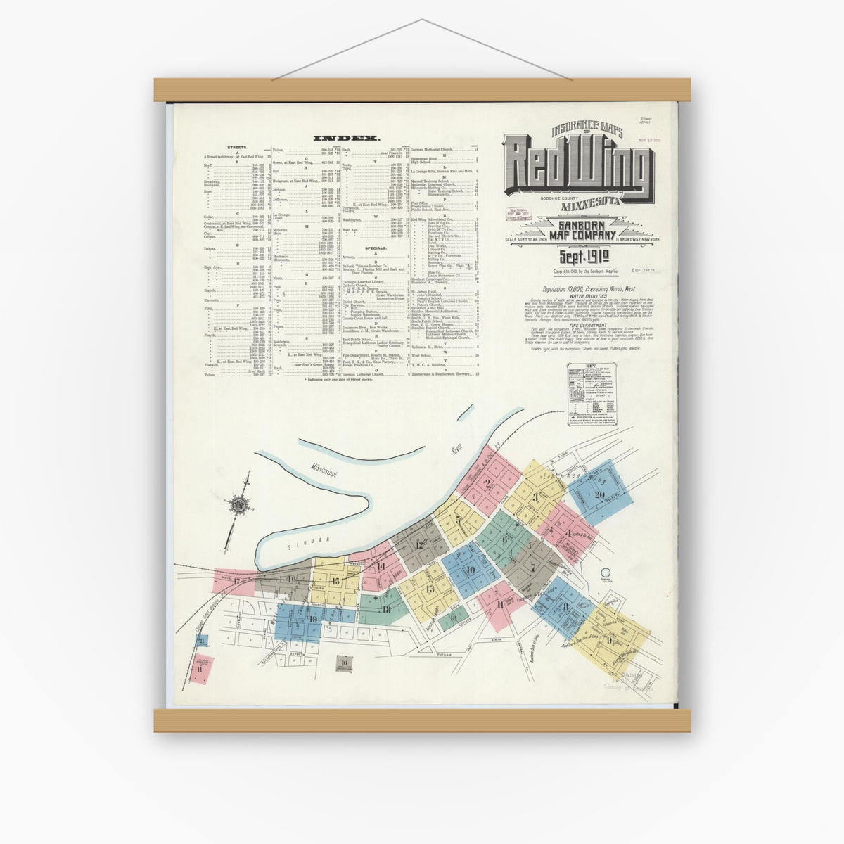 Old map wall art mockup — magnetic wood frame on white wall — Sanborn Fire Insurance Map from Red Wing, Goodhue County, Minnesota (1910), Sheet #0001