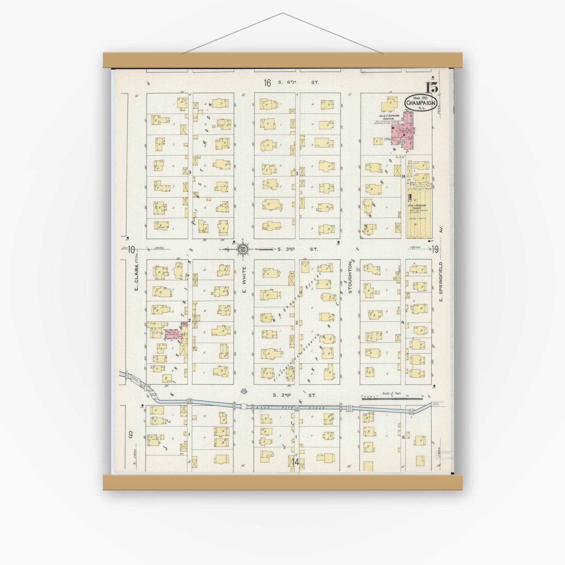 Old map wall art mockup — magnetic wood frame on white wall — Sanborn Fire Insurance Map from Champaign, Champaign County, Illinois (1915), Sheet #0015