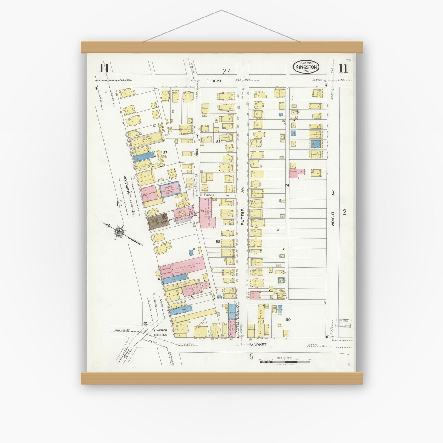 Old map wall art mockup — magnetic wood frame on white wall — Sanborn Fire Insurance Map from Kingston, Luzerne County, Pennsylvania (1925), Sheet #0011