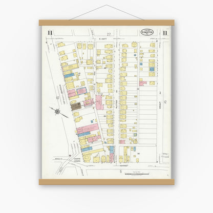 Old map wall art mockup — magnetic wood frame on white wall — Sanborn Fire Insurance Map from Kingston, Luzerne County, Pennsylvania (1925), Sheet #0011