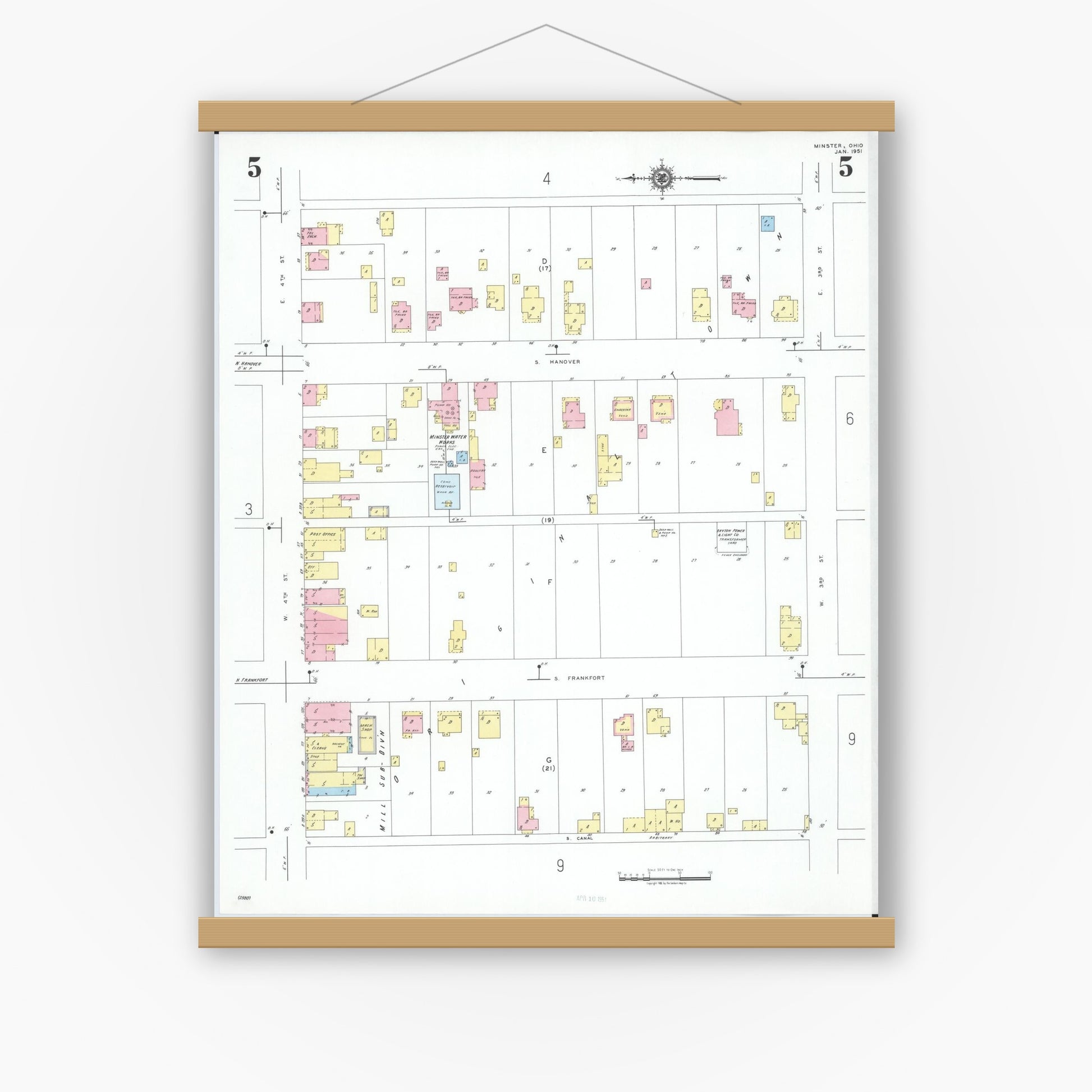 Old map wall art mockup — magnetic wood frame on white wall — Sanborn Fire Insurance Map from Minster, Auglaize County, Ohio (1951), Sheet #0005