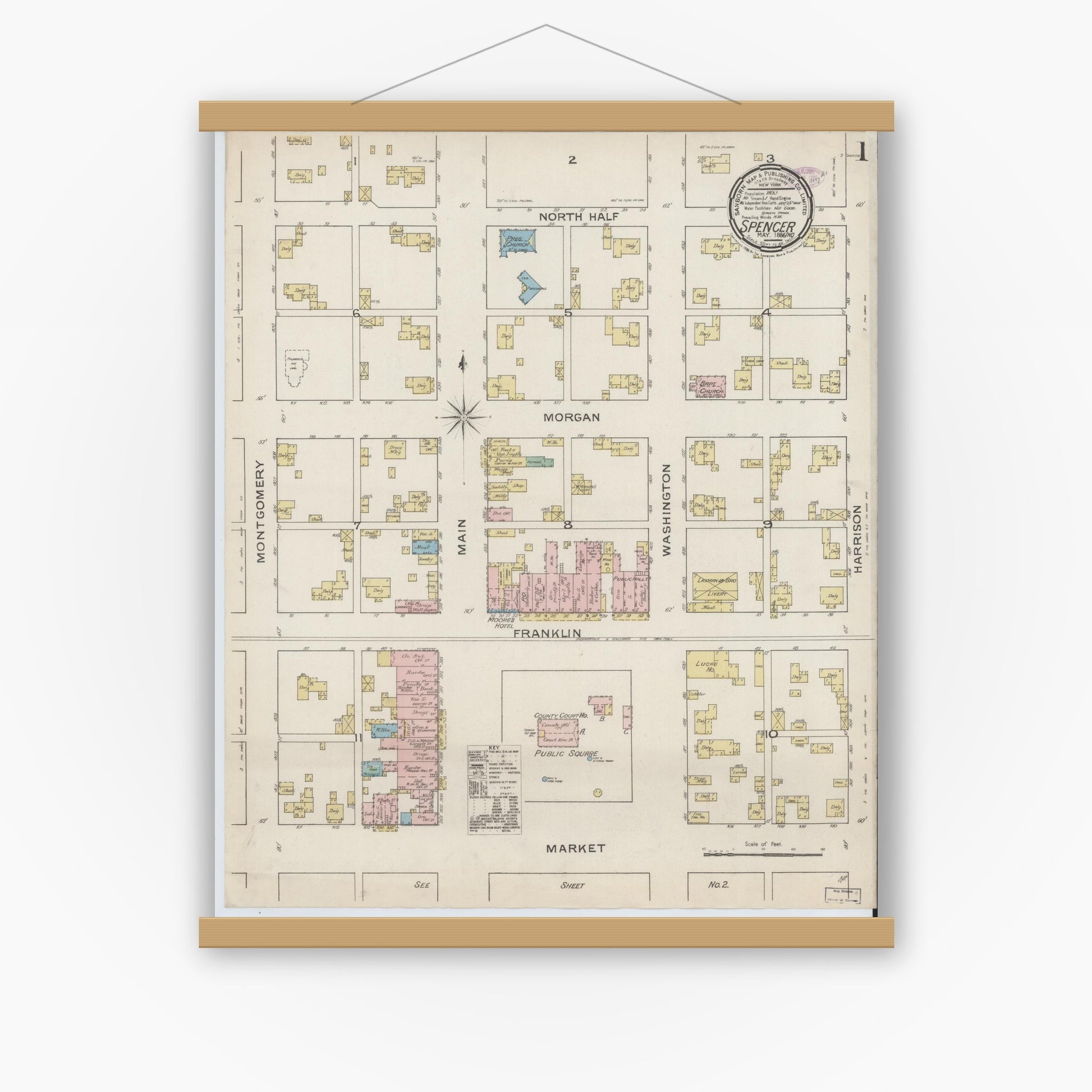 Old map wall art mockup — magnetic wood frame on white wall — Sanborn Fire Insurance Map from Spencer, Owen County, Indiana (1886) - Complete Map Set