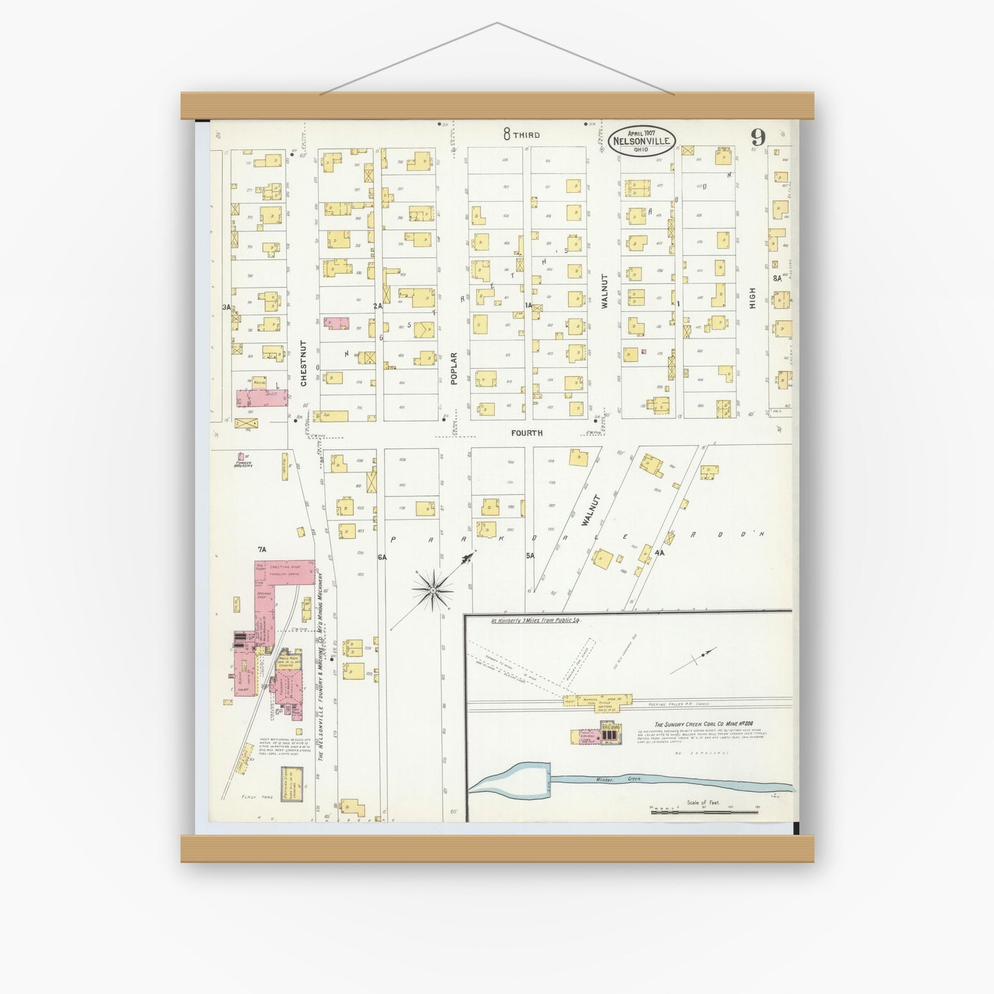 Old map wall art mockup — magnetic wood frame on white wall — Sanborn Fire Insurance Map from Nelsonville, Athens County, Ohio (1907), Sheet #0009