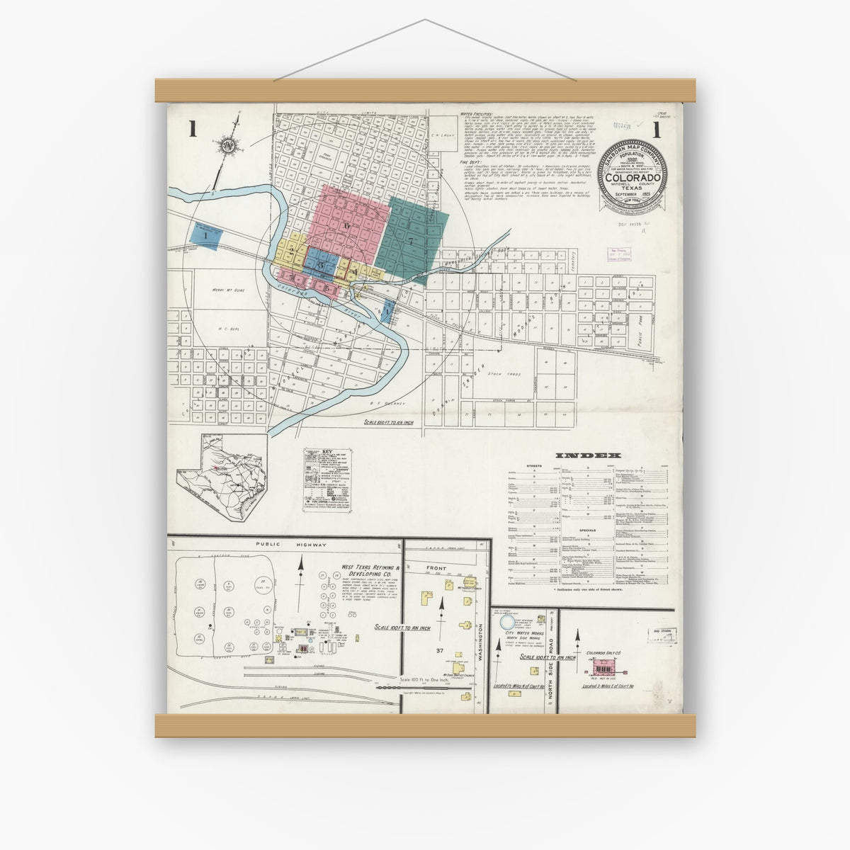 Old map wall art mockup — magnetic wood frame on white wall — Sanborn Fire Insurance Map from Colorado, Mitchell County, Texas (1925) - Complete Map Set