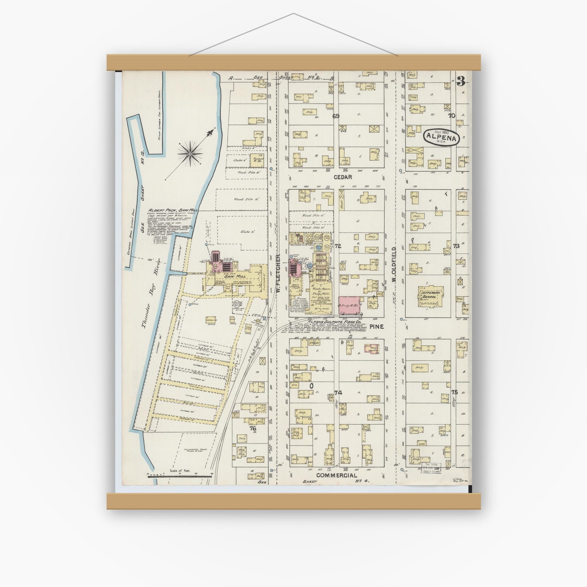 Old map wall art mockup — magnetic wood frame on white wall — Sanborn Fire Insurance Map from Alpena, Alpena County, Michigan (1890), Sheet #0003