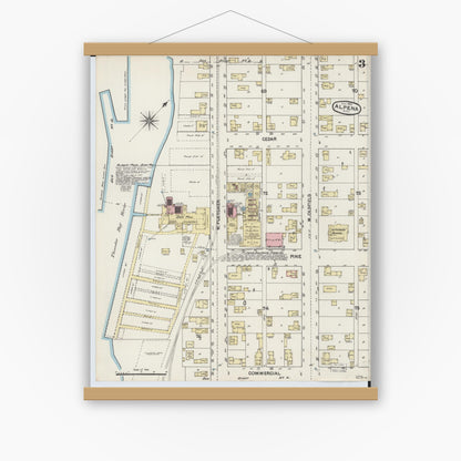 Old map wall art mockup — magnetic wood frame on white wall — Sanborn Fire Insurance Map from Alpena, Alpena County, Michigan (1890), Sheet #0003