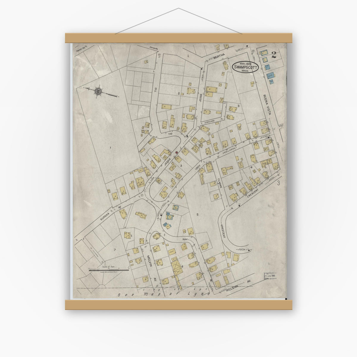 Old map wall art mockup — magnetic wood frame on white wall — Sanborn Fire Insurance Map from Swampscott, Essex County, Massachusetts (1920), Sheet #0002