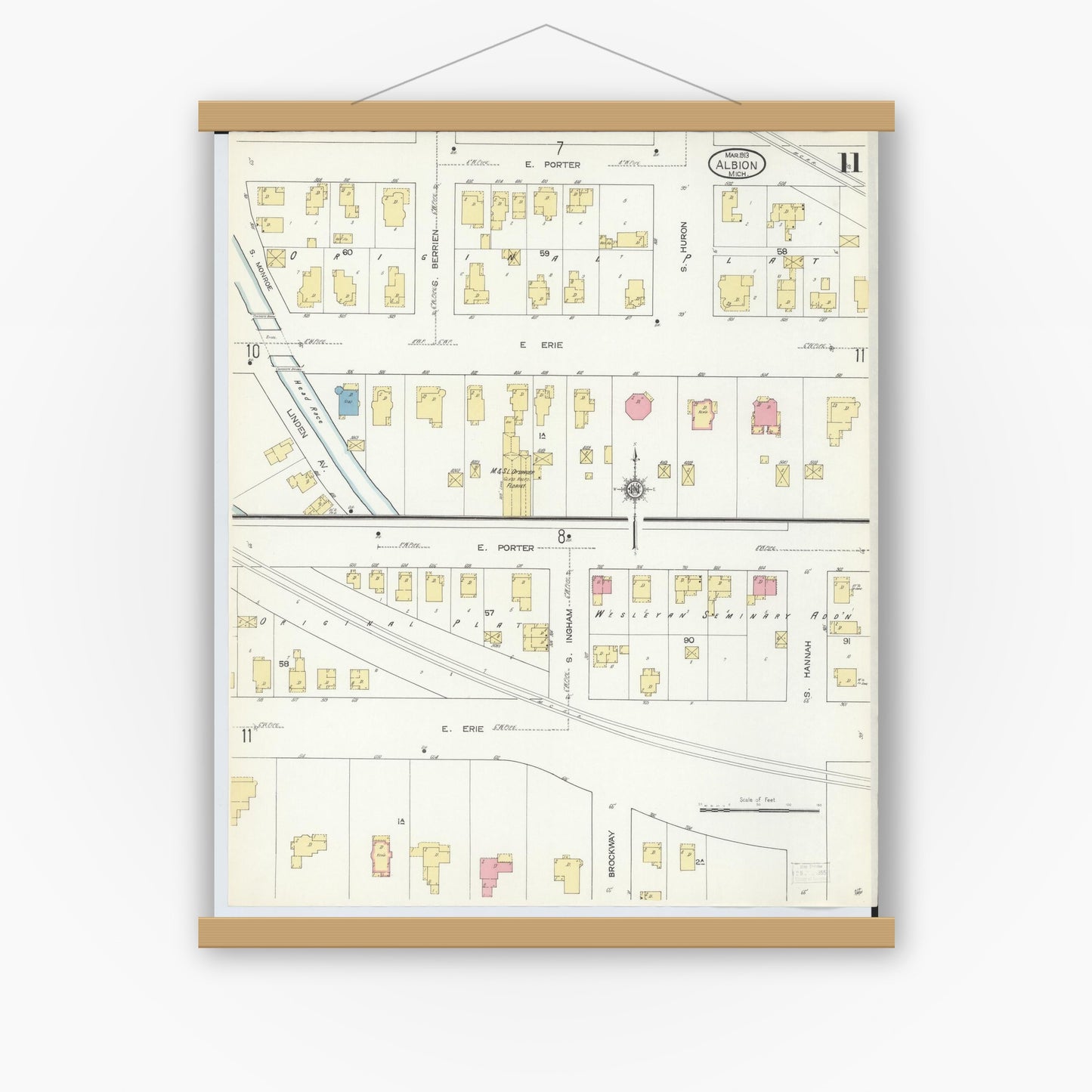 Old map wall art mockup — magnetic wood frame on white wall — Sanborn Fire Insurance Map from Albion, Calhoun County, Michigan (1913), Sheet #0011