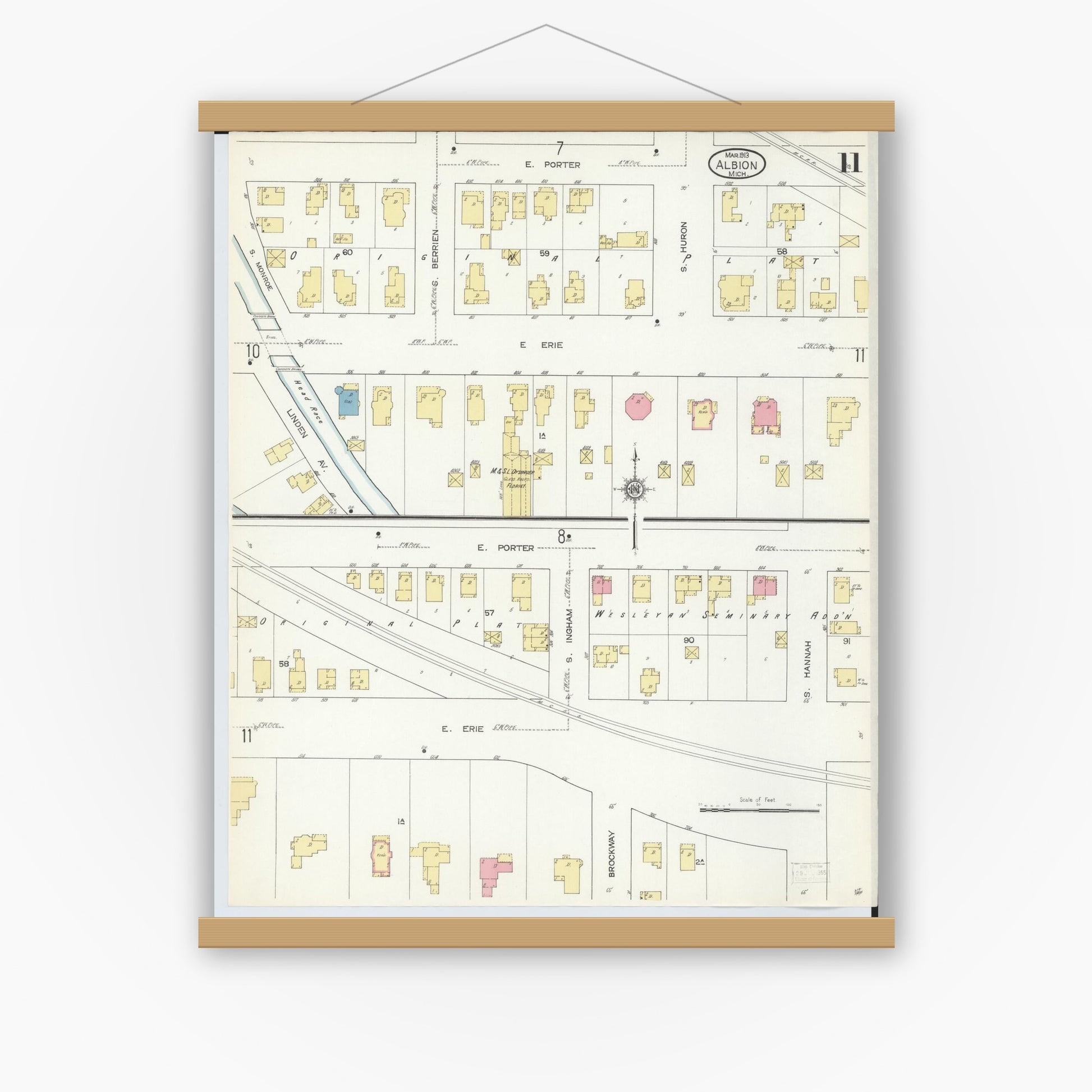 Old map wall art mockup — magnetic wood frame on white wall — Sanborn Fire Insurance Map from Albion, Calhoun County, Michigan (1913), Sheet #0011
