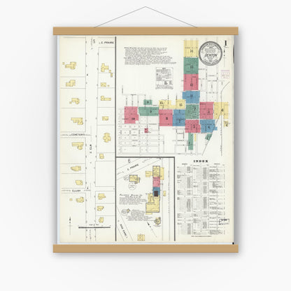 Old map wall art mockup — magnetic wood frame on white wall — Sanborn Fire Insurance Map from Denton, Denton County, Texas (1907), Sheet #0001