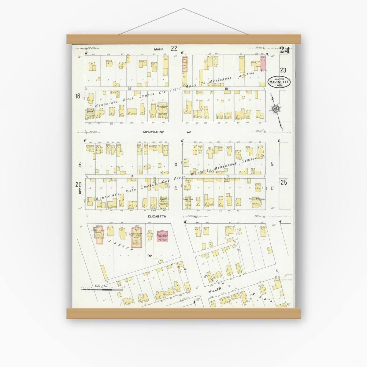 Old map wall art mockup — magnetic wood frame on white wall — Sanborn Fire Insurance Map from Marinette, Marinette County, Wisconsin (1910), Sheet #0024