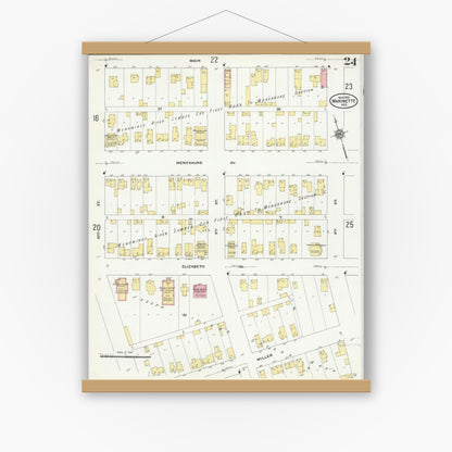 Old map wall art mockup — magnetic wood frame on white wall — Sanborn Fire Insurance Map from Marinette, Marinette County, Wisconsin (1910), Sheet #0024