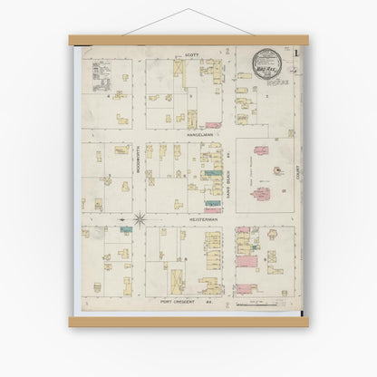 Old map wall art mockup — magnetic wood frame on white wall — Sanborn Fire Insurance Map from Bad Axe, Huron County, Michigan (1893) - Complete Map Set